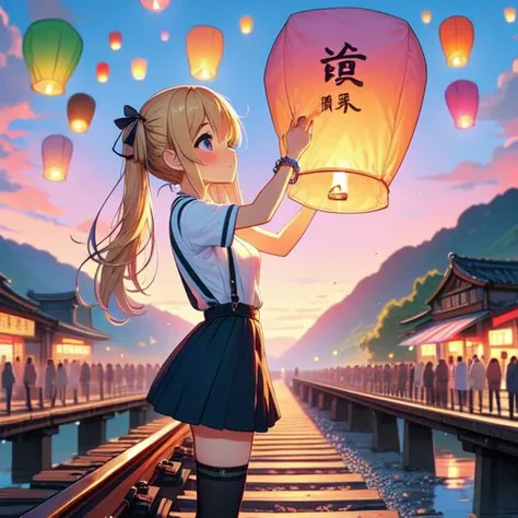 (((masterpiece))), (((best quality))), ((from side)), ((colorful sky lantern with chinese word)), ((hands close to fire)), ((standing on railway bridge)), raise head, arms up, suspender skirt, tourists, twilight, mount, greenery, low house, solo, 1girl, (((big tits))), ((bracelet)), ((blonde twintails)), hairclip, ribbon, sweat, daze, shy, blush, slim figure, thighhigh,  <lora:girllikecolorfulskylantern:1>