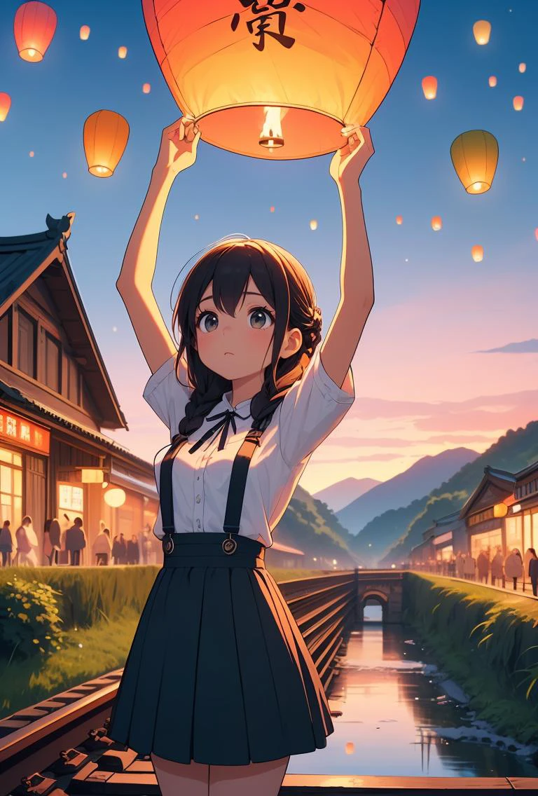 (masterpiece, best quality), 1girl, Ivory Dutch Braid Updo with Decorative Pins, small breasts, <lora:girllikecolorfulskylantern:0.8> colorful sky lantern with chinese word, hands close to fire, railway bridge, raise head, arms up, suspender skirt, tourists, twilight, river, mount, greenery, low house