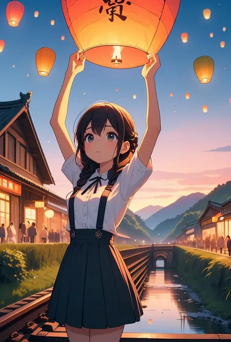 (masterpiece, best quality), 1girl,   Ivory Dutch Braid Updo with Decorative Pins, small breasts,     <lora:girllikecolorfulskylantern:0.8> colorful sky lantern with chinese word, hands close to fire, railway bridge, raise head, arms up, suspender skirt, tourists, twilight, river, mount, greenery, low house