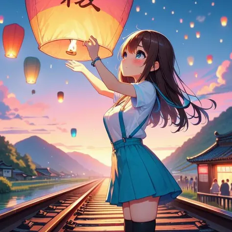 (((masterpiece))), (((best quality))), ((from side)), (((colorful sky lantern with chinese word))), ((hands close to fire)), ((standing on railway bridge)), ((storefront)), ((raise head)), ((arms up)), (((cyan shirt))) ((suspender skirt)), ((tourists)), ((twilight)), ((hillside)), ((lake)), ((mount)), river, greenery, low house, solo, 1girl, (((big tits))), ((bracelet)), ((brown bobhair)), hairclip, ribbon, sweat, daze, shy, blush, slim figure, thighhigh, raining, <lora:girllikecolorfulskylantern:1>