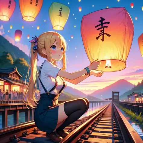 (((masterpiece))), (((best quality))), ((from side)), ((colorful sky lantern with chinese word)), ((hands close to fire)), ((squatting on railway bridge)), raise head, arms up, suspender skirt, tourists, twilight, mount, greenery, low house, solo, 1girl, (((big tits))), ((bracelet)), ((blonde twintails)), hairclip, ribbon, sweat, daze, shy, blush, slim figure, thighhigh,  <lora:girllikecolorfulskylantern:1>