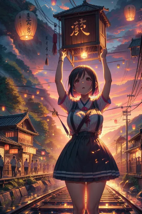 detailed illustration, of a mature chubby woman, raise head, arms up, suspender skirt, colorful sky lantern with chinese word, hands close to fire, railway bridge, outdoors, tourists, twilight, river, mount, greenery, low house, cinematic lighting, hires, volumetric lighting, highly detailed background, masterpiece, <lora:add_detail:0.5> <lora:hairdetailer:0.5> <lora:girllikecolorfulskylantern:0.8>