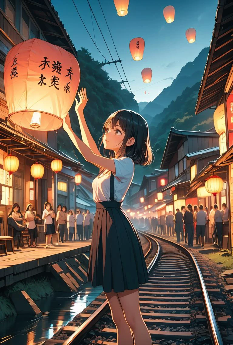 (masterpiece, best quality), 1girl, <lora:girllikeskylantern:0.8> colorfully sky lantern with chinese word, hands close to fire, railway, raise head, arms up, suspender skirt, tourists, night, river, bridge, mount, greenery, low house