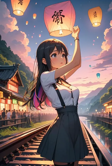 (masterpiece, best quality), 1girl,   Medium gray Comb-Over with Fade, medium breasts,     <lora:girllikecolorfulskylantern:0.8> colorful sky lantern with chinese word, hands close to fire, railway bridge, raise head, arms up, suspender skirt, tourists, twilight, river, mount, greenery, low house