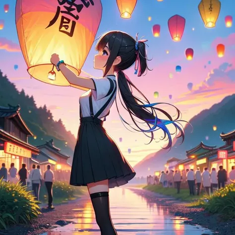 (((masterpiece))), (((best quality))), (((from behind))), (((from side))), (((colorful sky lantern with chinese word))), ((hands close to fire)), ((standing on roadside)), ((storefront)), ((raise head)), ((arms up)), (((black shirt))) ((suspender skirt)), ((tourists)), ((twilight)), ((hillside)), ((mount)), greenery, low house, solo, 1girl, (((big tits))), ((bracelet)), ((gray ponytail)), hairclip, ribbon, sweat, daze, shy, blush, slim figure, thighhigh, stockings, leather shoes, raining, <lora:girllikecolorfulskylantern:1>