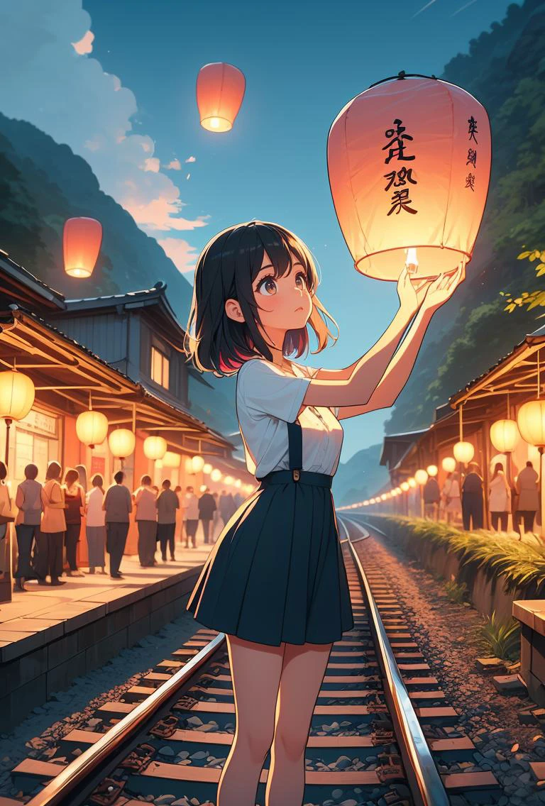 (masterpiece, best quality), 1girl, <lora:girllikeskylantern:0.8> colorfully sky lantern with chinese word, hands close to fire, railway, raise head, arms up, suspender skirt, tourists, night, river, bridge, mount, greenery, low house