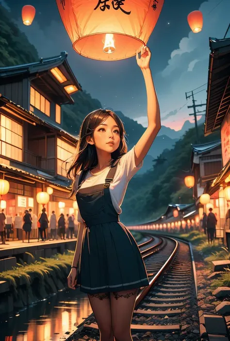 (masterpiece, best quality), 1girl,  <lora:girllikeskylantern:0.8> colorfully sky lantern with chinese word, hands close to fire, railway, raise head, arms up, suspender skirt, tourists, night, river, bridge, mount, greenery, low house