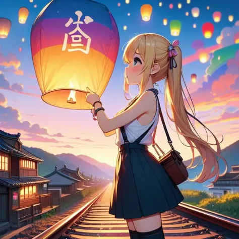 (((masterpiece))), (((best quality))), ((from side)), ((colorful sky lantern with chinese word)), ((hands close to fire)), ((standing on railway)), ((storefront)), raise head, arms up, suspender skirt, tourists, twilight, mount, greenery, low house, solo, 1girl, (((big tits))), ((bracelet)), ((blonde twintails)), hairclip, ribbon, sweat, daze, shy, blush, slim figure, thighhigh, <lora:girllikecolorfulskylantern:1>