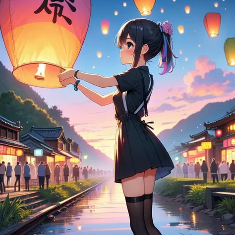 (((masterpiece))), (((best quality))), (((from behind))), (((from side))), (((colorful sky lantern with chinese word))), ((hands close to fire)), ((standing on roadside)), ((storefront)), ((raise head)), ((arms up)), (((black shirt))) ((suspender skirt)), ((tourists)), ((twilight)), ((hillside)), ((mount)), greenery, low house, solo, 1girl, (((big tits))), ((bracelet)), ((gray ponytail)), hairclip, ribbon, sweat, daze, shy, blush, slim figure, thighhigh, stockings, leather shoes, raining, <lora:girllikecolorfulskylantern:1>