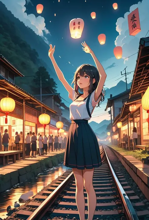 (masterpiece, best quality), 1girl,  <lora:girllikeskylantern:0.8> colorfully sky lantern with chinese word, hands close to fire, railway, raise head, arms up, suspender skirt, tourists, night, river, bridge, mount, greenery, low house