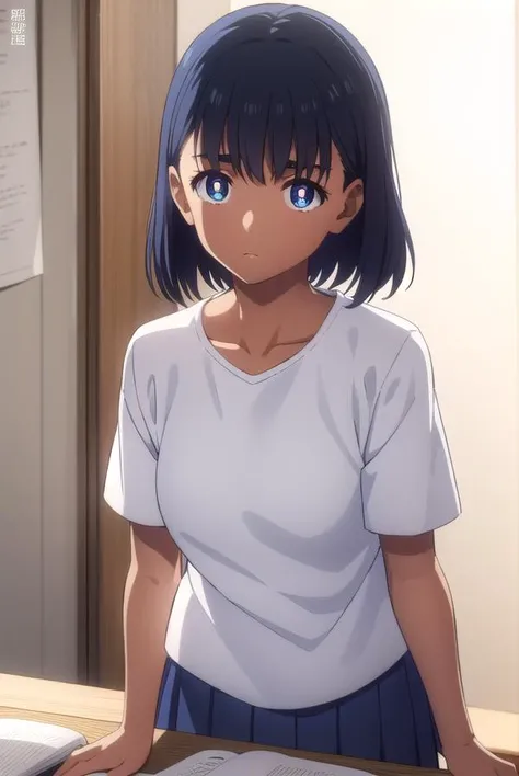 miokofune, <lora:mio kofune s1-lora-nochekaiser:1>,
mio kofune, short hair, blue eyes, black hair, dark skin, dark-skinned female, (bright pupils:1.5),
BREAK skirt, shirt, school uniform, white shirt, short sleeves, pleated skirt, serafuku, socks, blue skirt, white socks,
BREAK indoors, classroom,
BREAK looking at viewer,
BREAK <lyco:GoodHands-beta2:1>, (masterpiece:1.2), best quality, high resolution, unity 8k wallpaper, (illustration:0.8), (beautiful detailed eyes:1.6), extremely detailed face, perfect lighting, extremely detailed CG, (perfect hands, perfect anatomy),