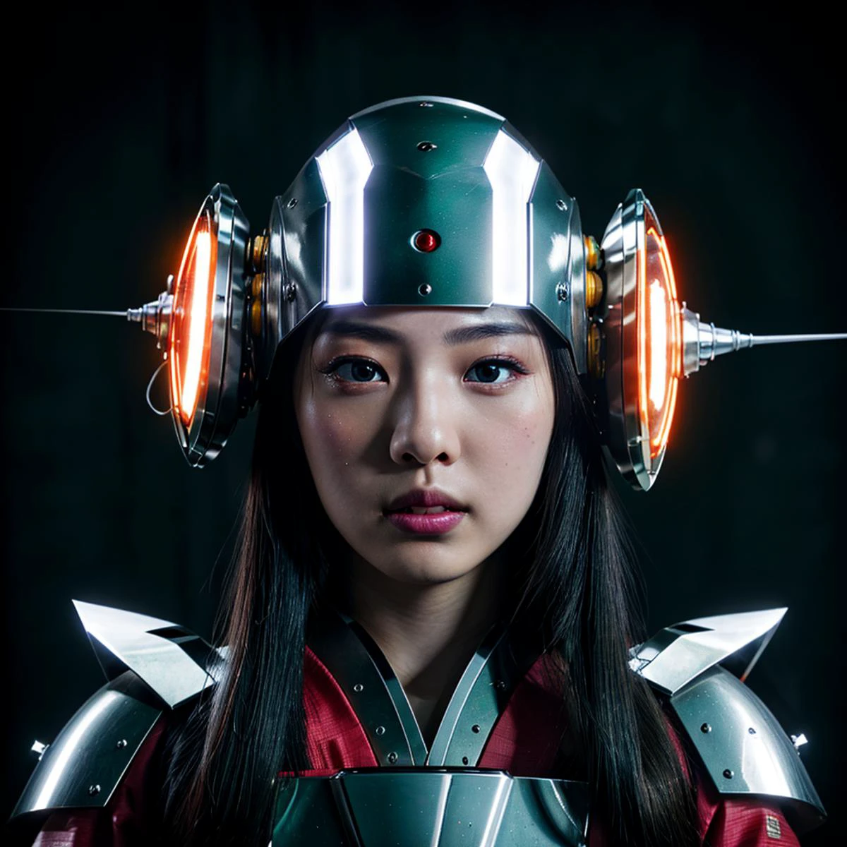 score_9, score_28_up, score_7_up, full body,best quality, masterpiece,realistic,
1girl, solo,Samurai Armou, green eyes, long hair, silver hair, looking at viewer, realistic skin texture,gloves, huge breasts,chrome detials,28mm f5.6,cyberpunk background,Cooke Bokeh,cinematic,Rembrandt lighting,Tyndall effect
,kabuto helmet,Transparent shield down.Mecha,front view,r,Geisha makeup,ninja, long bow, <lora:hana_v1.4:0.68>