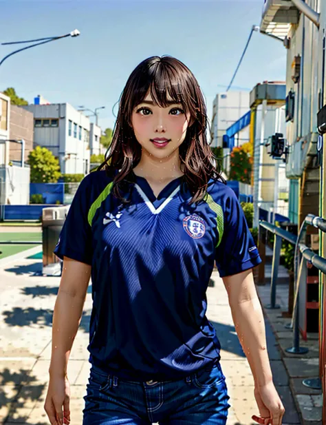 best quality, photorealistic, 8k, high res, (((1girl))), woman, (small breast), ((looking at the viewer)), (looking at the camera), (medium hair), (professional lighting, bokeh), ((outdoor)), (people, crowds:0.6), football pitch, soccer pitch, sports, ((daytime)), (blue soccer club uniform tugged in:1.5), ((skinny jeans)), ((tight jeans)), (portrait:0.6), ((chelsea football jersey)), seductive smile, ((sweat)), (poker face), blue soccer jersey, chelsea jersey, standing straight, standing, body facing viewer, body facing camera, gorgeous, floating hair, (light particles, lens flare, glowing particles:0.6), (dynamic pose:0.8), soft lighting, <lora:javHana_v14:1>