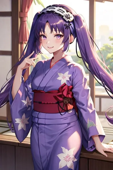 best quality, masterpiece, highres, solo, {yukata:1.40}, {kimono:1.20}, {stheno_fgo:1.15}, long_hair, twintails, purple_hair, hairband, purple_eyes, lolita_hairband, smile, very_long_hair, jewelry, bangs