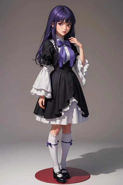 (masterpiece, best quality), 1girl,     <lora:BERNDADAPT1:1> frederica bernkastel, purple eyes, purple hair, long hair, purple bow, dress, frills, white kneehighs,  kneehighs bow, mary janes,