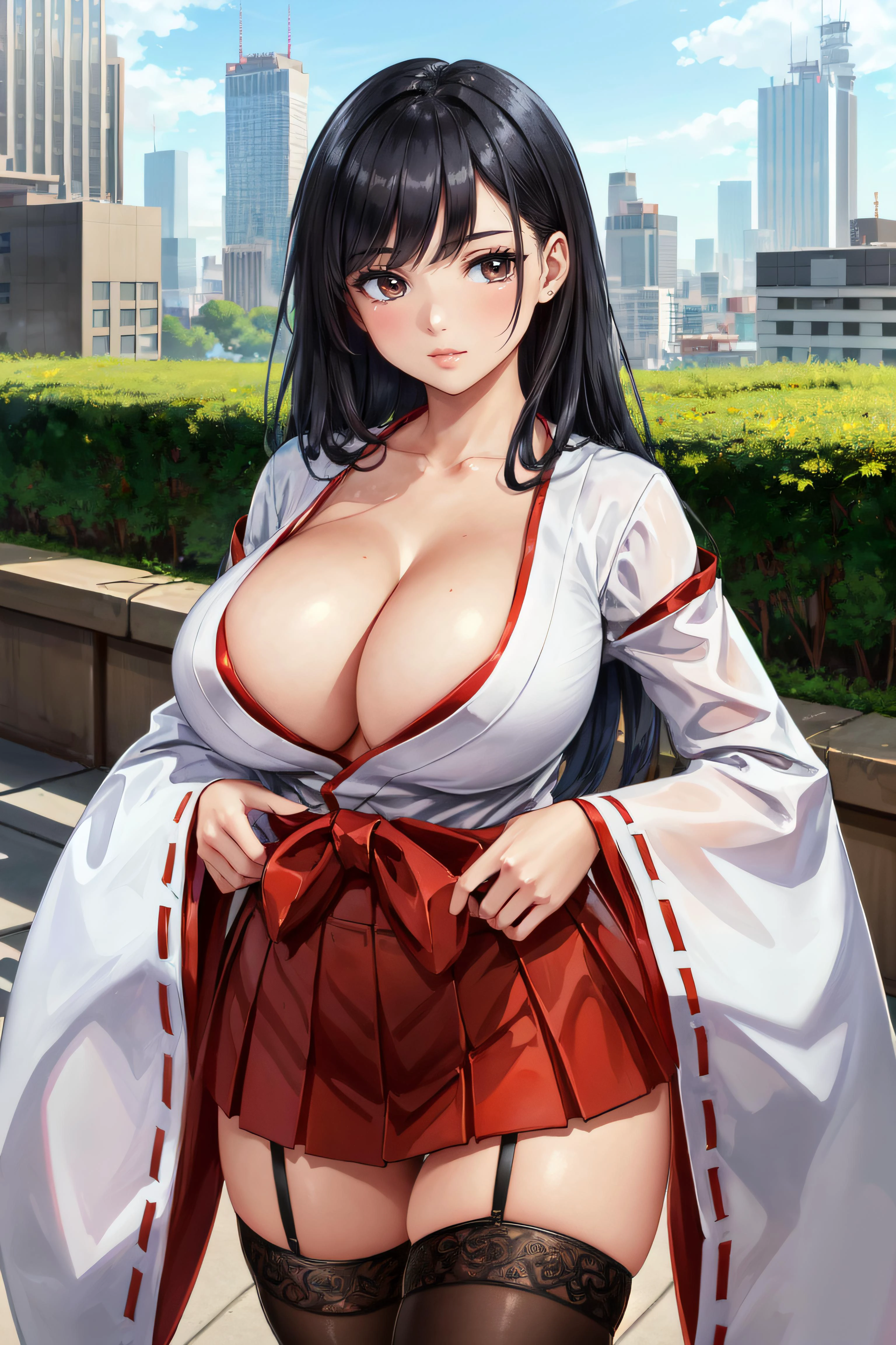 (masterpiece, best quality, ultra detailed, absurdres:1.5), 1girl, (sexy, beautiful woman, perfect face, perfect eyes, perfect female body, medium breasts:1.5), (EnomotoTsubasa, long hair, black hair, cleavage, collarbone, japanese clothes, black thighhighs, high heels, wide sleeves, black eyes, garter straps, red hakama, hakama skirt, short skirt, ribbon-trimmed sleeves, miko, <lora:EnomotoTsubasa:0.75>), (standing, science fiction, outdoors, giant robot in background, modern city in background), perfect lighting, smooth, hdr