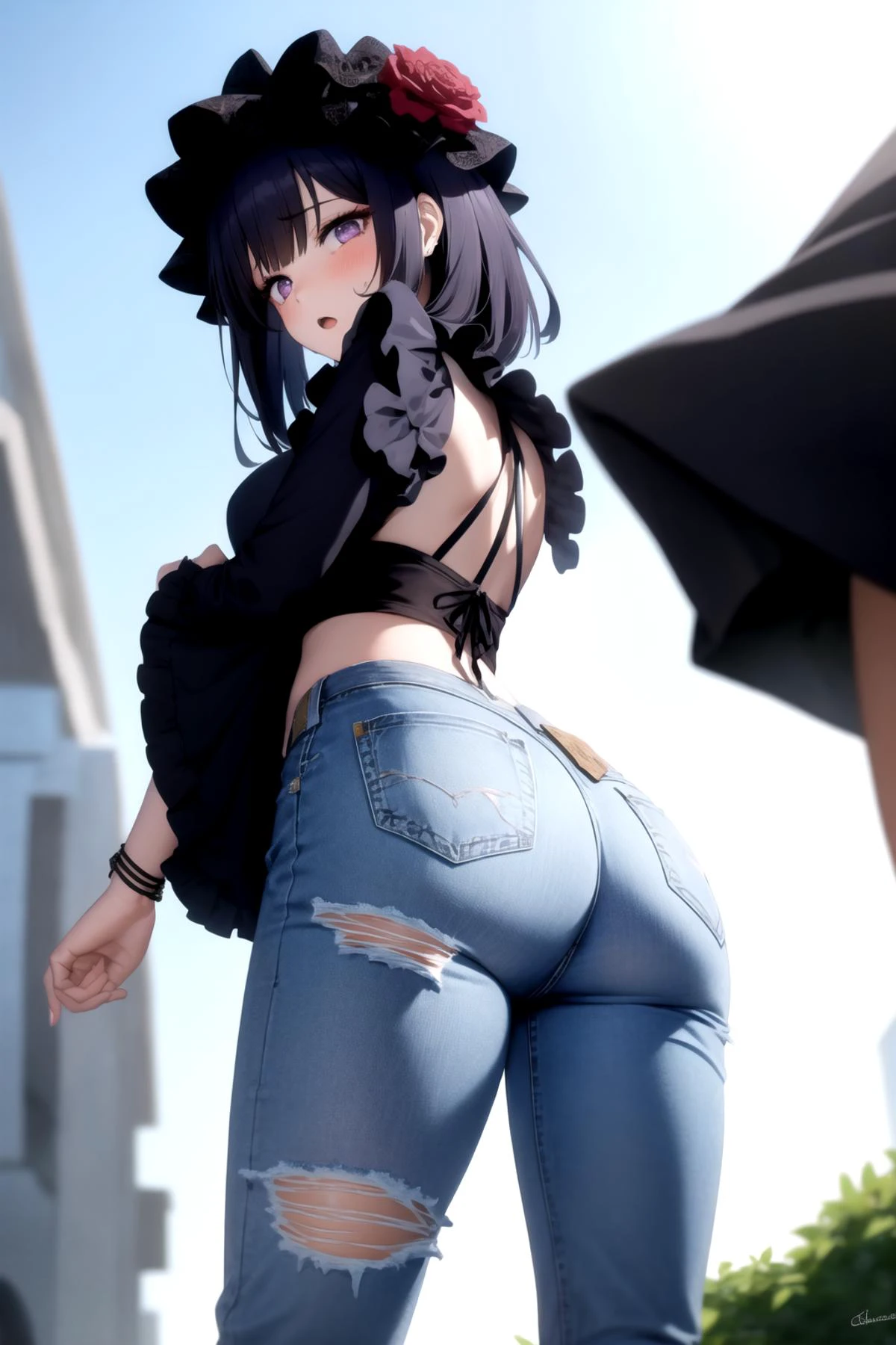 <lora:baggy_jeans_v0.9:1>
1girl, jeans,
<lora:sono-bisque_v4.0b:1> kuroe shizuku, looking back, torn jeans, from below,, masterpiece, best quality, highly detailed