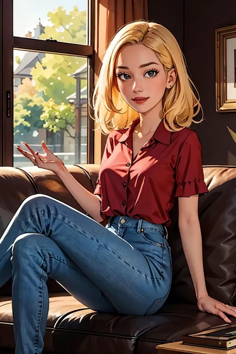 beth, blonde hair, black eyes, wearing a red blouse, tucked, jeans, looking at viewer, aroused, seductive smile,
sitting, on a large sofa, legs crossed, playful ambiance, extreme detail, masterpiece, <lora:baggy_jeans_v0.9:.8> <lora:rick_and_morty_characters:.3>