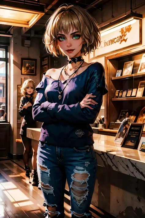 cybermisty, blonde hair, make up, green eyes, choker, jewellery, wearing a purple sweater, ripped jeans, pants, looking at viewer, serious, smiling,
standing, arms crossed, inside a pawn shop, counter, soft lighting, extreme detail, masterpiece, <lora:baggy_jeans_v0.9:.8> <lora:CyberMisty:.7>