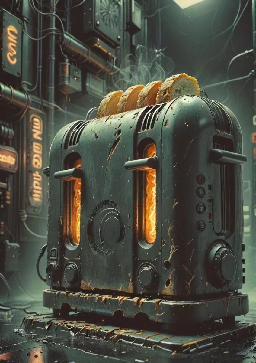 a mechanical toaster is rising, eerie, beyond time here and now, bleak, challenging the the bread, epic, neon lights, <lora:- SDXL - AI-Breaker_V2.8:1> <lora:The_Dark_Side_Of_The_Future:0.5>, <lora:- SDXL - n-eeyblch_eye_bleach_V1.0:0.5>