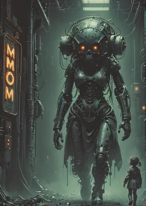 a mechanical mom is rising, eerie, beyond time here and now, bleak, challenging the manager, epic, neon lights, <lora:- SDXL - AI-Breaker_V2.8:1> <lora:The_Dark_Side_Of_The_Future:0.5>, <lora:- SDXL - n-eeyblch_eye_bleach_V1.0:0.5>