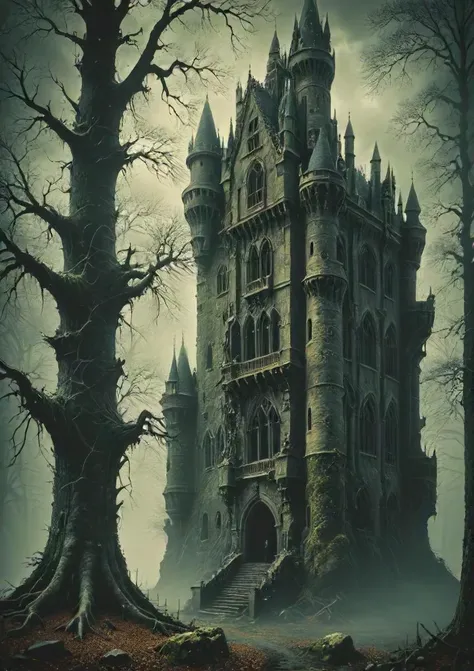 amidst the ancient trees of a mystical forest, a gothic castle rises, eerie, <lora:- SDXL - AI-Breaker_V2.8:0.7> <lora:The_Dark_Side_Of_The_Future:0.4>