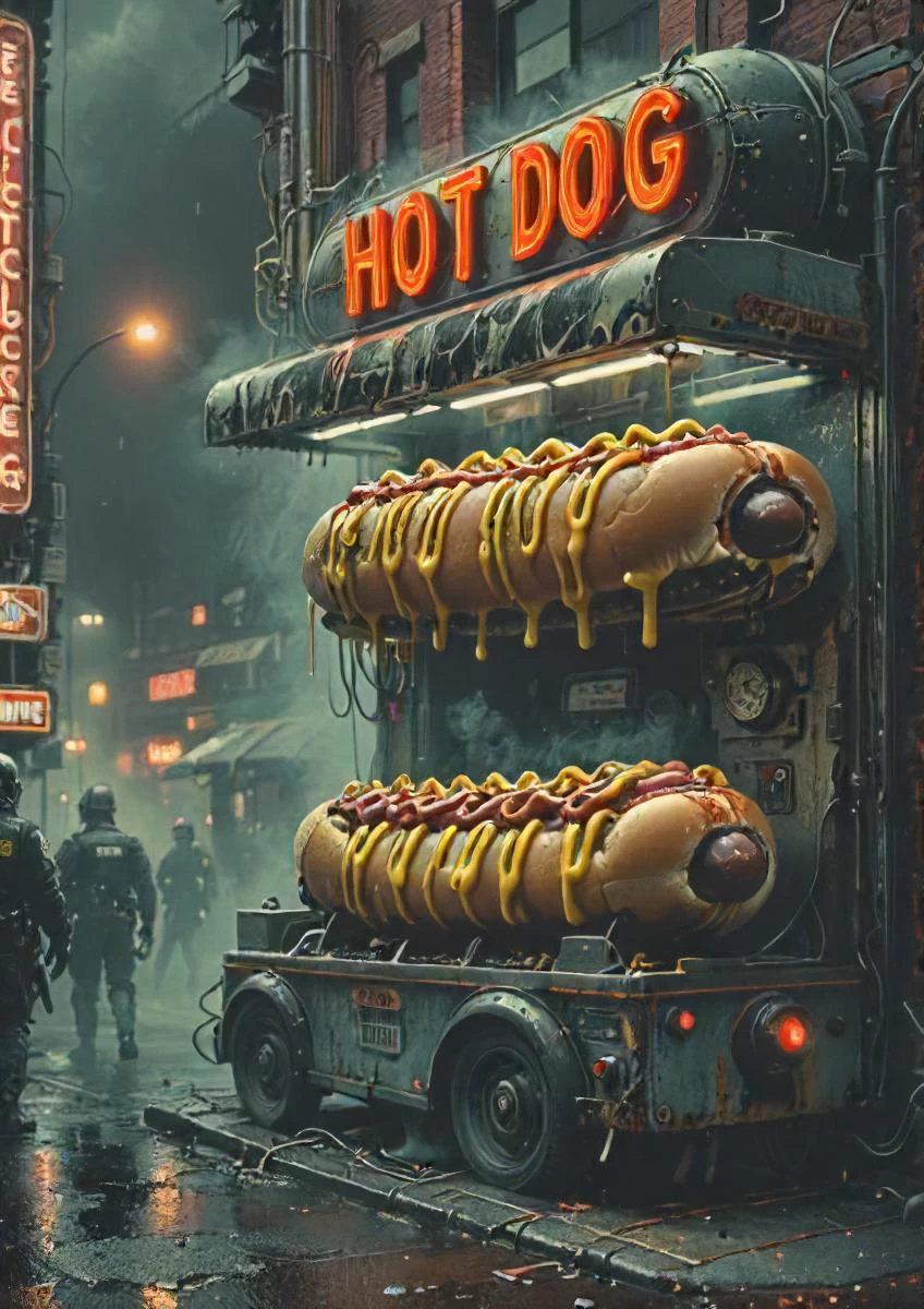 a mechanical hot dog is rising, eerie, beyond time here and now, bleak, challenging the the police, epic, neon lights, <lora:- SDXL - AI-Breaker_V2.8:1> <lora:The_Dark_Side_Of_The_Future:0.5>, <lora:- SDXL - n-eeyblch_eye_bleach_V1.0:0.5>