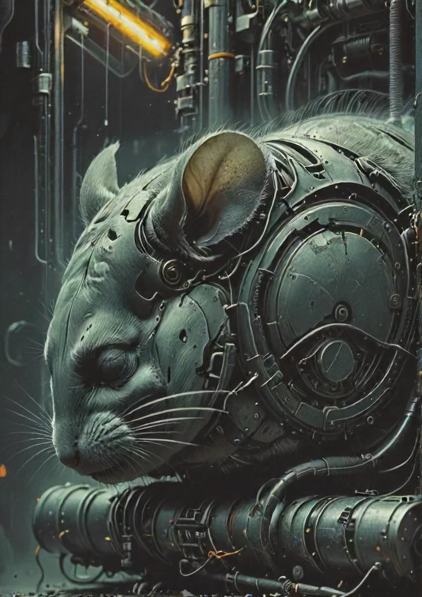a mechanical chinchilla slumbering, eerie, beyond time here and now, bleak, challenging the the sleep, epic, neon lights, <lora:- SDXL - AI-Breaker_V2.8:1> <lora:The_Dark_Side_Of_The_Future:0.5>, <lora:- SDXL - n-eeyblch_eye_bleach_V1.0:0.5>