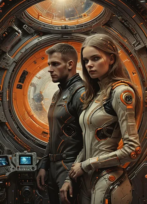 (in the style of style of Paul Lehr:1.1) view of a man and a woman wearing futuristic uniforms, inside the interior of a spaceship with some windows to observe the outside, orange and beige color, realistic hyper-detailed rendering, hyper-realistic details, 32k uhd, masterpiece, photo, digital art, science fiction <lora:xl_more_art-full_v1:0.3>  <lora:The_Dark_Side_Of_The_FutureXL:0.66>