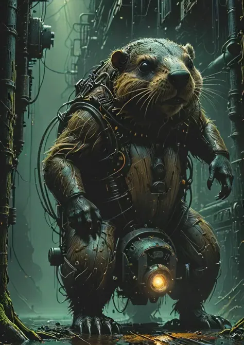 a mechanical beaver rises, eerie, beyond time here and now, bleak, challenging the wood, epic, neon lights, <lora:- SDXL - AI-Breaker_V2.8:1> <lora:The_Dark_Side_Of_The_Future:0.5>,