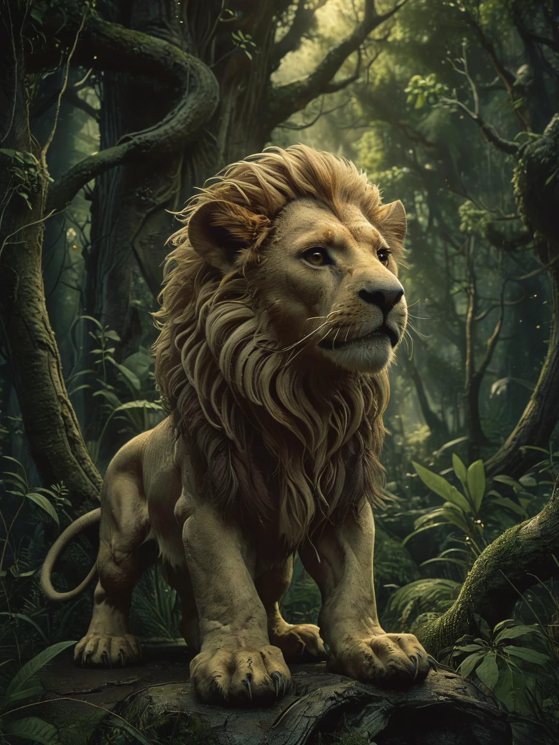 a cute cartoon character, a brave lion, exploring a magical forest, dynamic pose, ((masterpiece)), (best quality), detailed , <lora:The_Dark_Side_Of_The_Future:0.8>