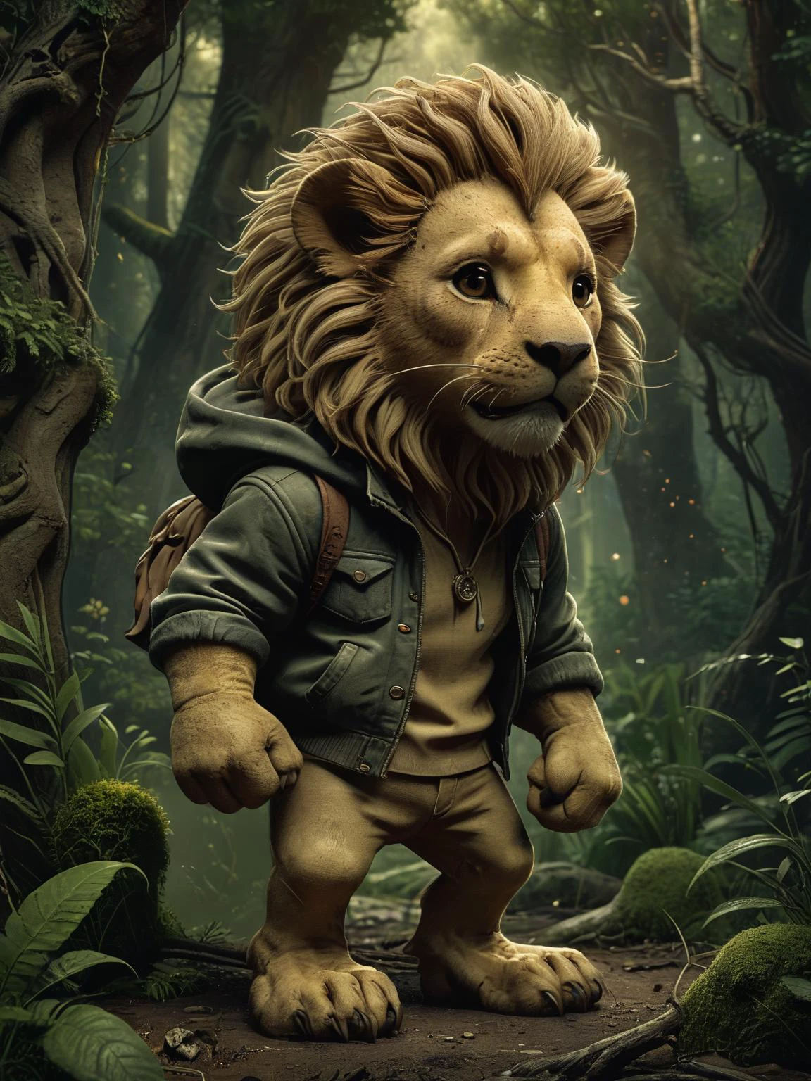 a cute cartoon character, a brave lion, exploring a magical forest, dynamic pose, ((masterpiece)), (best quality), detailed , <lora:The_Dark_Side_Of_The_Future:0.7>