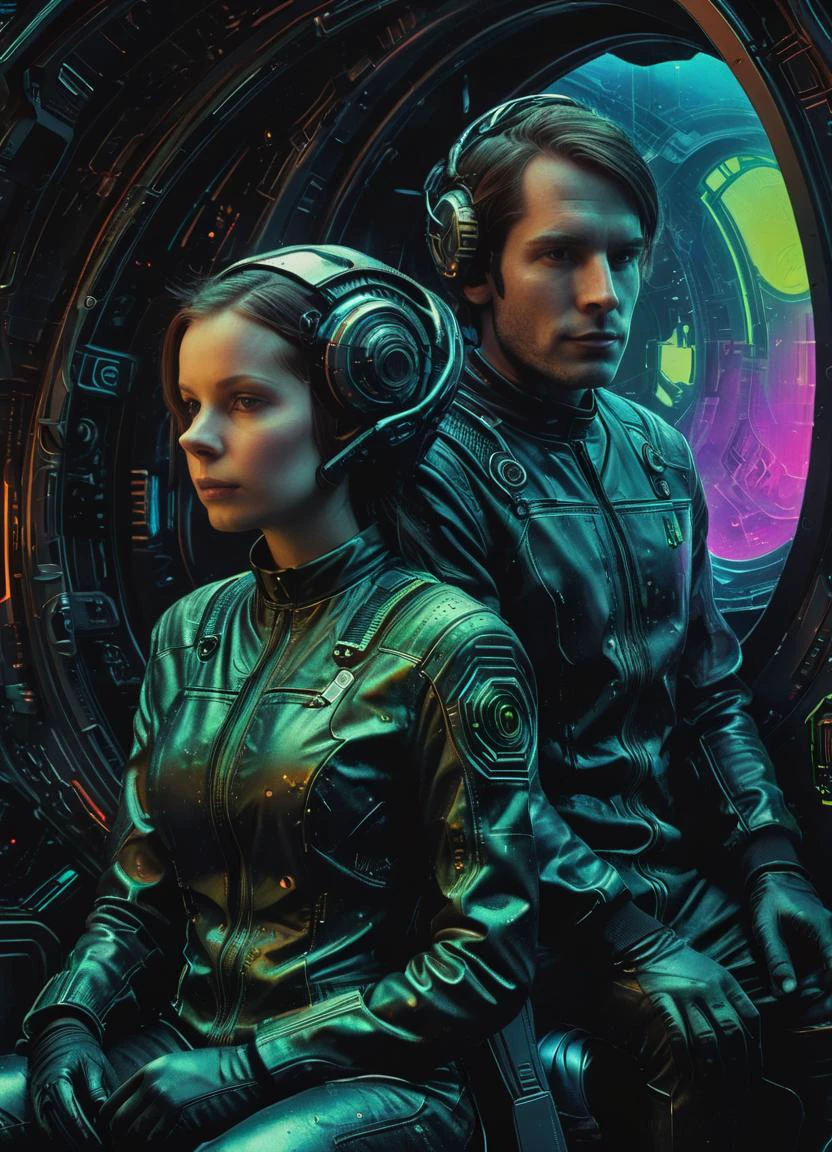(style of Paul Lehr:1.1) view of a man and a woman wearing futuristic uniforms, inside the interior of a spaceship with some windows to observe the outside, Ombre color scheme of neon green, neon yellow, neon blue, neon pink, neon orange, realistic hyper-detailed rendering, hyper-realistic details, 32k uhd, masterpiece, photo, digital art, science fiction <lora:xl_more_art-full_v1:0.3> <lora:The_Dark_Side_Of_The_FutureXL:0.66>, subsurface scattering, Photorealistic, Hyperrealistic, analog style, realistic, film photography, soft lighting, heavy shadow