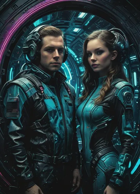 (style of Paul Lehr:1.1) view of a man and a woman wearing futuristic uniforms, inside the interior of a spaceship with some windows to observe the outside, Ombre color scheme of neon blue, neon pink, neon yellow, neon green, neon orange, realistic hyper-detailed rendering, hyper-realistic details, 32k uhd, masterpiece, photo, digital art, science fiction <lora:xl_more_art-full_v1:0.3>  <lora:The_Dark_Side_Of_The_FutureXL:0.66>, subsurface scattering, Photorealistic, Hyperrealistic, analog style, realistic, film photography, soft lighting, heavy shadow