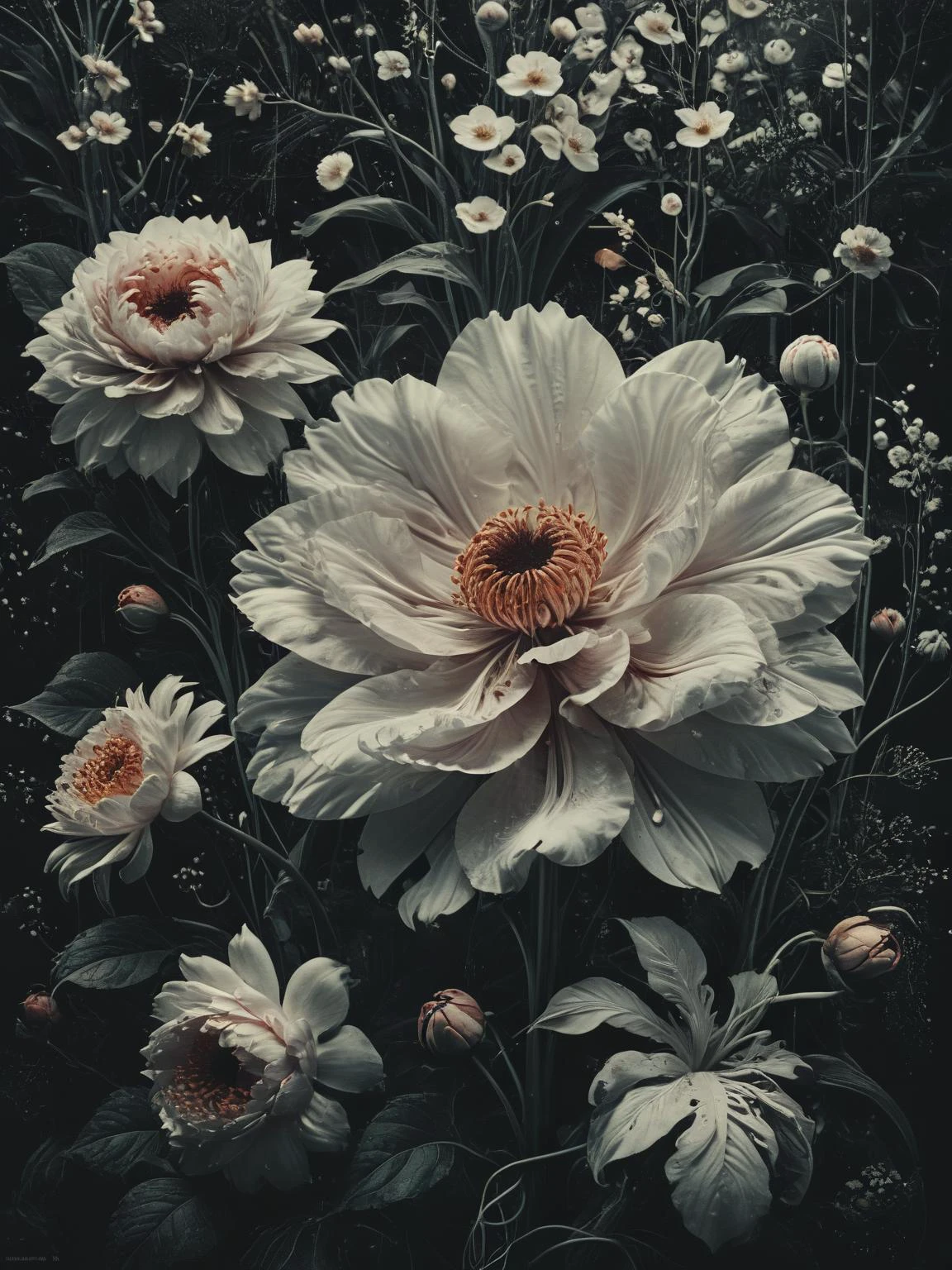 concept: a dream in full bloom, floral elements, big flowers, intricate, stunning, mimalist, white, subtle, classy, luxury, magical realm effect, enchanting, illustration, beauty of contrast color pairing, east meets west, juxtaposition, cinematic, <lora:The_Dark_Side_Of_The_Future:0.8>