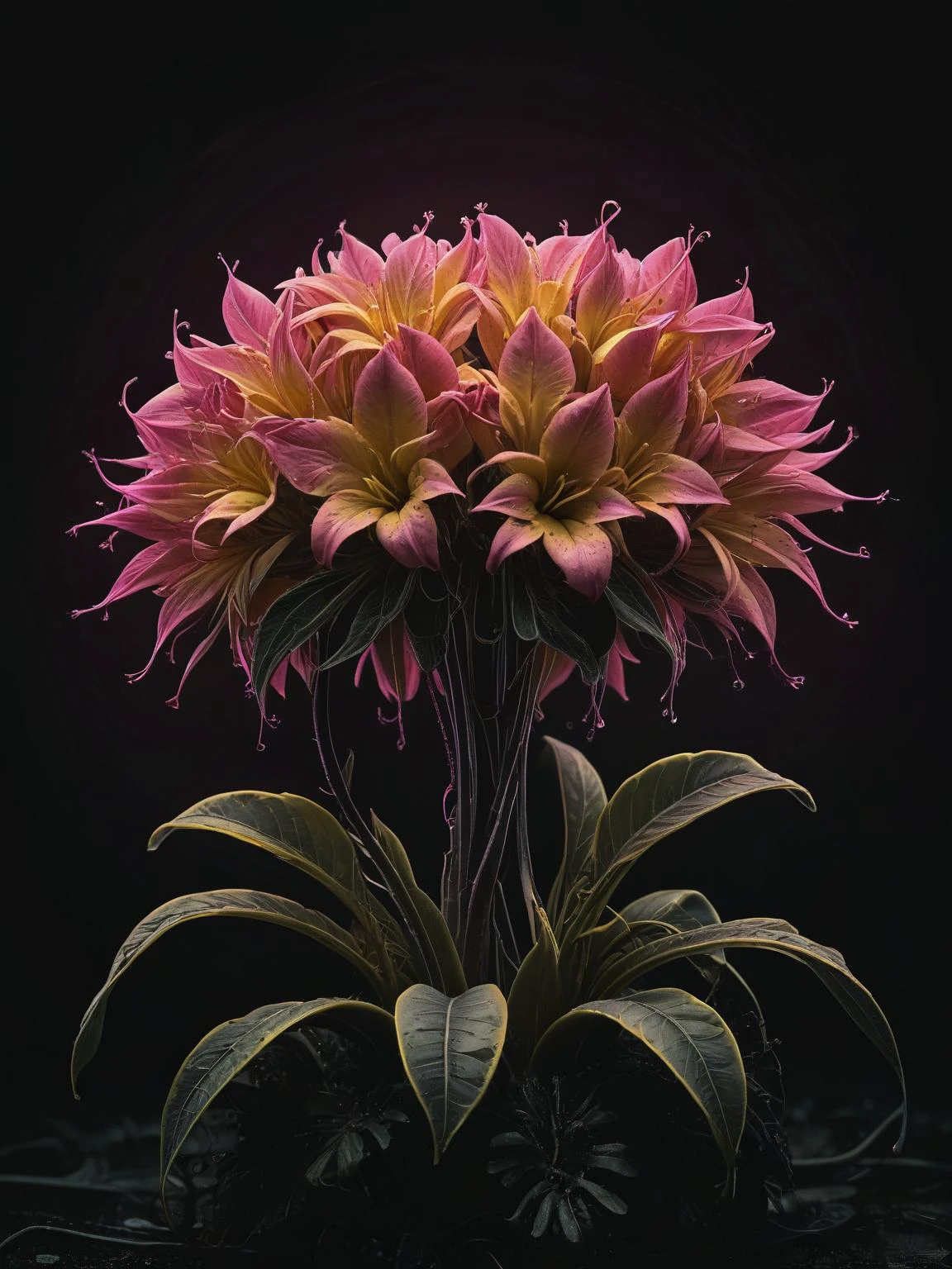 a fictional plant with unusually shaped petals,macro shot,depth of field, Dark moody lighting, high resolution, (((masterpiece))),(((best quality))),((ultra-detailed)), (Ombre color scheme of neon pink, neon yellow) RAW photo , <lora:The_Dark_Side_Of_The_Future:0.65>