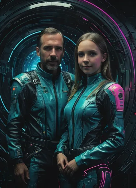 (style of Paul Lehr:1.1) view of a man and a woman wearing futuristic uniforms, inside the interior of a spaceship with some windows to observe the outside, Ombre color scheme of neon blue, neon pink, neon yellow, neon green, neon orange, realistic hyper-detailed rendering, hyper-realistic details, 32k uhd, masterpiece, photo, digital art, science fiction <lora:xl_more_art-full_v1:0.3>  <lora:The_Dark_Side_Of_The_FutureXL:0.66>, subsurface scattering, Photorealistic, Hyperrealistic, analog style, realistic, film photography, soft lighting, heavy shadow