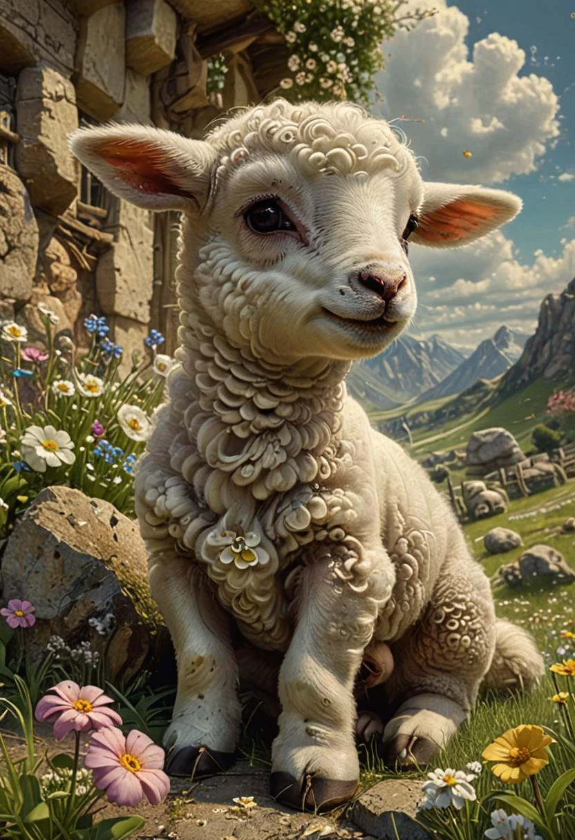 cute cartoon character, lamb enjoying springtime flowers, (((masterpiece))),(best quality), <lora:The_Dark_Side_Of_The_Future:0.8>
