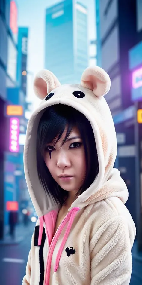 <lora:Faith_Connors:.7> a photo of fthcnnrs woman, wearing a kawaii rat Kigurumi, embarrassed, cute, in a futuristic city street, shot from a low angle, high resolution