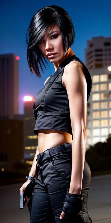 <lora:Faith_Connors:.7> a photo of fthcnnrs woman standing in the middle of a city at night, wearing a sleeveless crop top, cargo pants, tech wear, shot from a low angle, high resolution