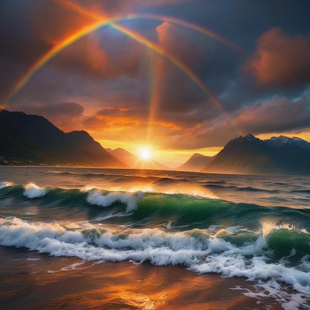 no humans,wave,realistic, scenery, sky, cloud, outdoors, sunset, sunlight, mountain, water, sun, ocean, orange sky,rainbow, landscape, cloudy sky, dutch angle, horizon, nature <lora:waveXL:0.4>