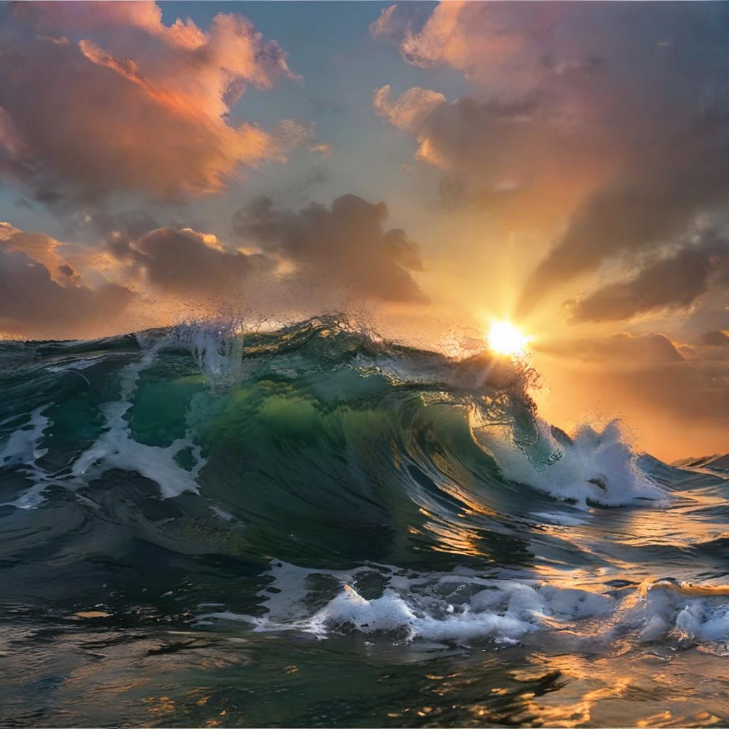 no humans,wave,realistic, scenery, sky, cloud, outdoors, sunset, sunlight, mountain, water, sun, ocean, landscape, cloudy sky, dutch angle, horizon, nature <lora:waveXL:0.8>