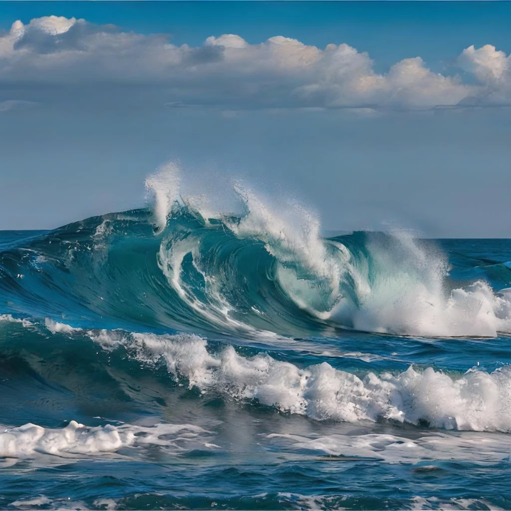 no humans, sky, waves, scenery, ocean, outdoors, cloud, signature, blue sky, water, horizon, day, cloudy sky <lora:waveXL:0.8>