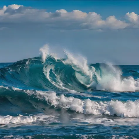 no humans, sky, waves, scenery, ocean, outdoors, cloud, signature, blue sky, water, horizon, day, cloudy sky <lora:waveXL:0.8>