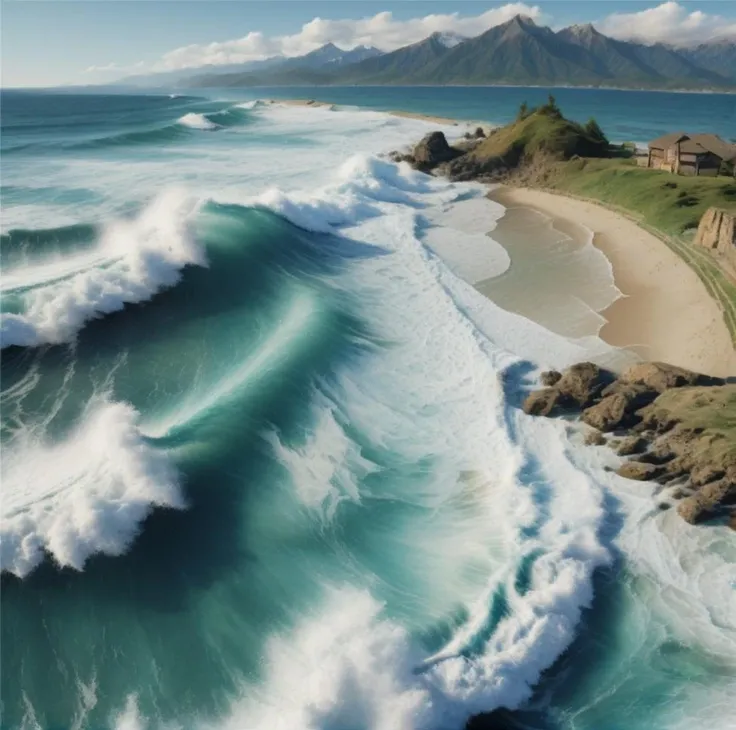 wave,best quality, no humans, scenery, ocean, water, outdoors, mountain, beach <lora:wavetopXL:1>