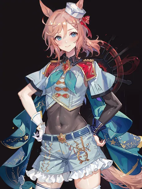 venus park /(umamusume/), 1girl, solo, gloves, shorts, official alternate costume, covered navel, looking at viewer, white gloves, smile, hand on hip, navel, blush, bangs, hat, bodystocking, braid, single glove, belt, breasts, shirt, closed mouth, alternate hairstyle, crop top, short sleeves, midriff, white shorts, hand up, hair ornament, cowboy shot, small breasts, simple background, original, intricate detail, illustration, masterpiece, extremely detailed CG unity 8k wallpaper, highlight, sharpening, dynamic, <lora:VenusPark-1:0.5>