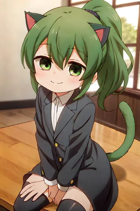masterpiece, best quality, absurdres, ultra detail,<lora:GoodHands-vanilla:0.8> <lora:anmnr01:0.3> <lora:add_detail:0.5>, 1girl, (mini,petite,chibi),<lora:igarashi_futaba1:0.7>,igarashi_futaba,green hair,high ponytail,smile,dutch angle,cat ear,suit,on table,tail