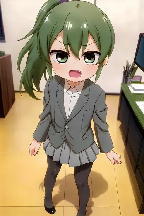 masterpiece, best quality, absurdres, ultra detail,<lora:GoodHands-vanilla:0.8> <lora:anmnr01:0.3> <lora:add_detail:0.5>, 1girl, petite,chibi,<lora:igarashi_futaba1:0.7>,igarashi_futaba,green hair,high ponytail,office,shiny eyes,fang,flat chest,diagonally forward view,(gray suit,tight skirt,black pantyhose),from above