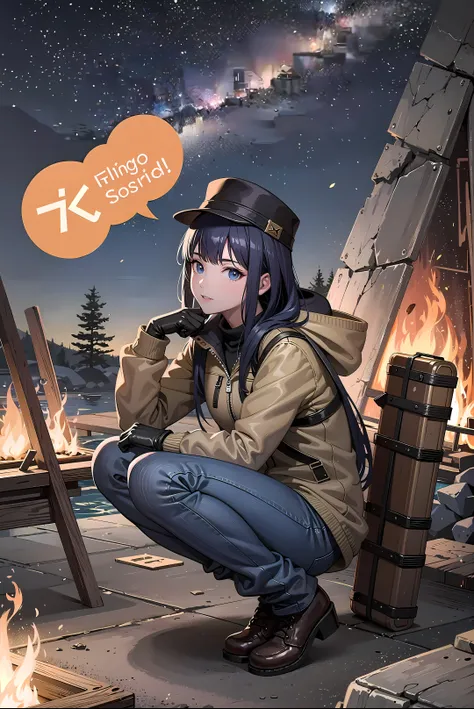 [((masterpiece, best quality:1.4)), (((extremely detailed))), sharp image:1.4, (high quality, highres:1.4)], 1girl, solo, jeans, jacket, hat, gloves, boots, stone, rock, travel, water, squatting, plant:1.4, night:1.4, night sky, camp fire, glowing, game concept art, epic, hyper detailed intricate,