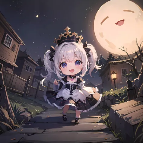 [((masterpiece, best quality:1.4)), (((extremely detailed))), sharp image:1.4, (high quality, highres:1.4)], 1girl, chibi:2, haunted theme park, haunted by chibi ghosts, cute:1.4, whimsical, glow, glowing, fun, silly, mystical, monster, small, little girl